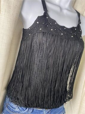 Vintage MKM Designs Black Crochet Fringe Rhinestone Cami Tank Top Medium Y2K